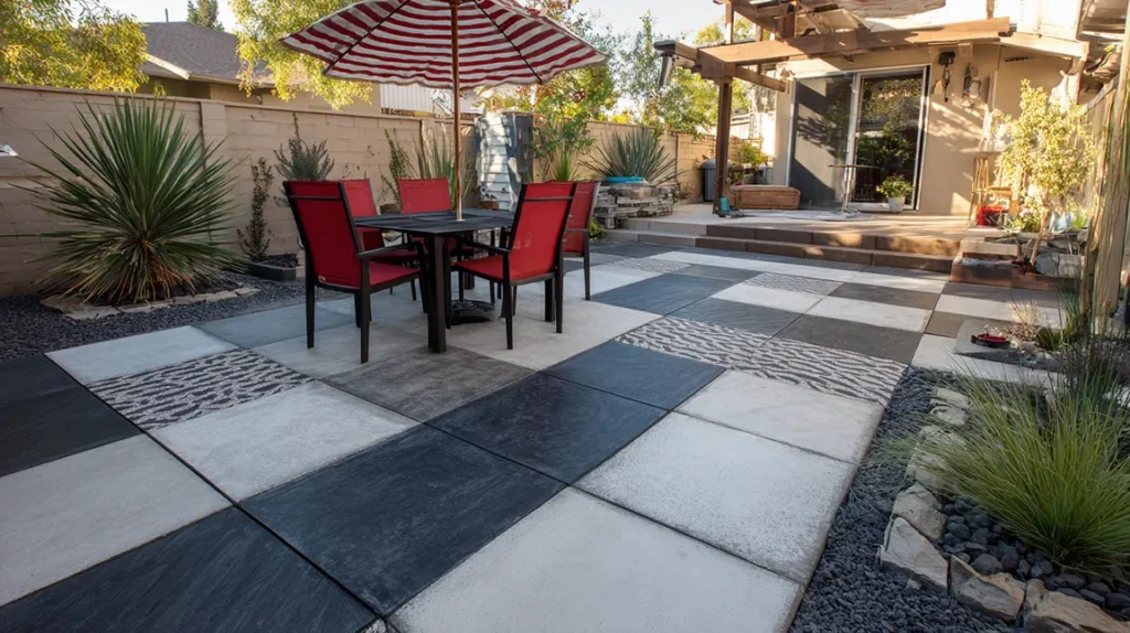 color blocked concrete patio ideas