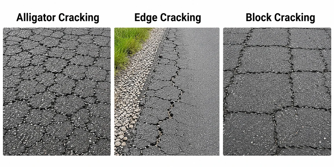 Comparison of alligator cracking, edge cracking, and block cracking patterns on asphalt